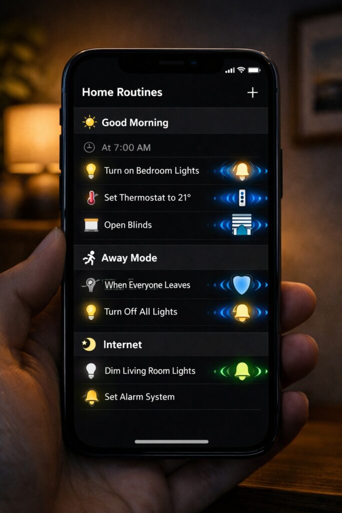 Home rutines Configuración de rutinas y automatizaciones de domótica en la pantalla de un móvil