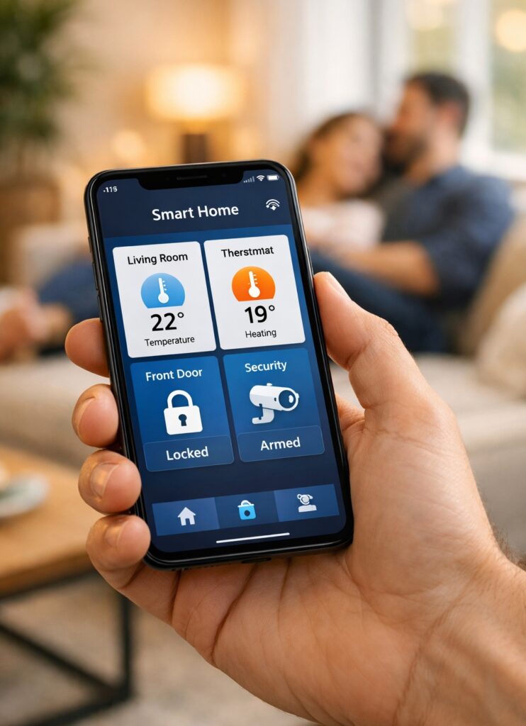 Control de domótica y seguridad inteligente autoinstalable en el salón de una casa usando el teléfono móvil
